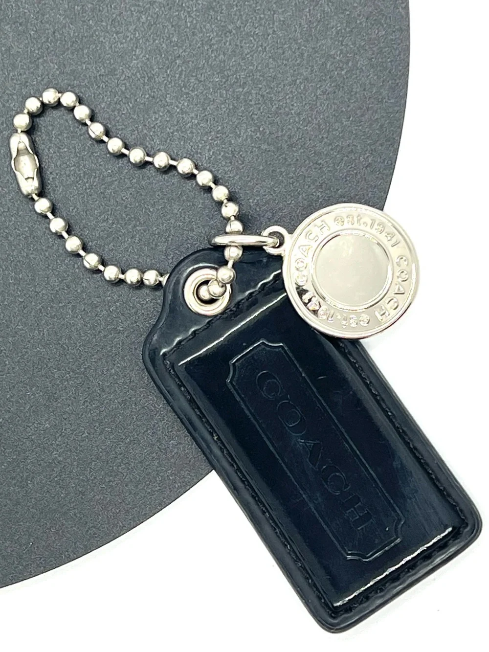 Coach Authentic Black Patent Leather Hangtag Est 1941 Silver Medallion Charm